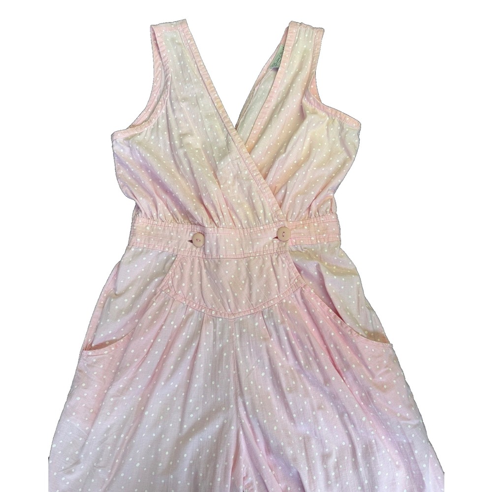 Benson E Smith Vintage 80s Pink Polka Dot Cotton Jumpsuit Size 13 Pockets Retro